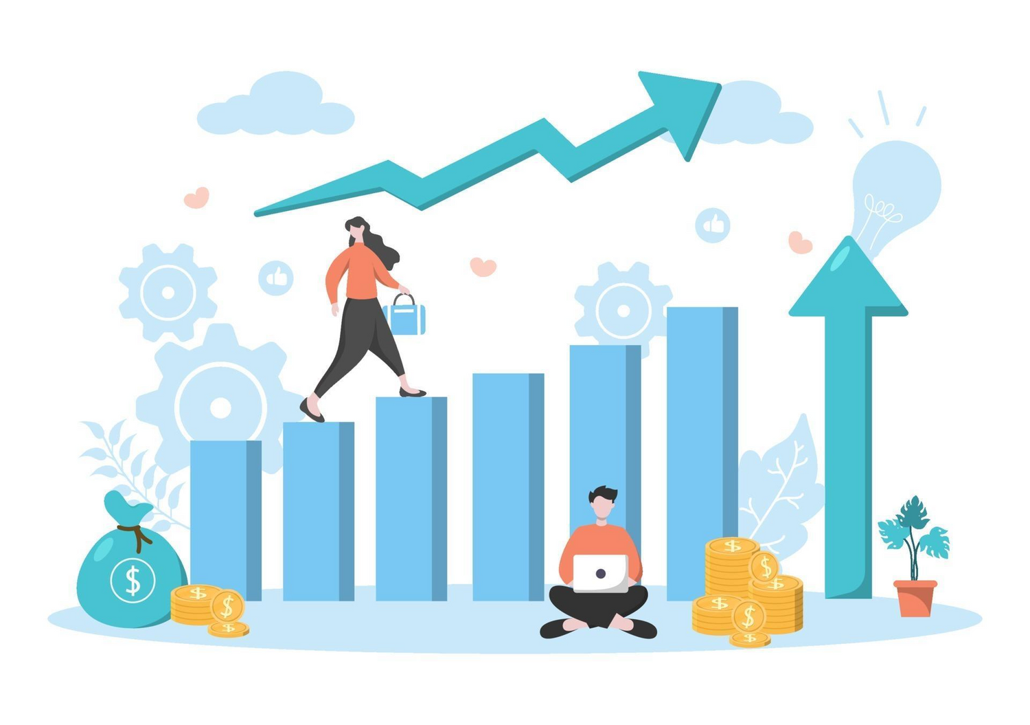 Illustrazione della crescita aziendale con una donna che sale su un grafico a barre, un uomo che lavora al computer portatile, freccia verso l’alto che indica il successo finanziario, monete e sacco di denaro a simboleggiare l’aumento dei ricavi.